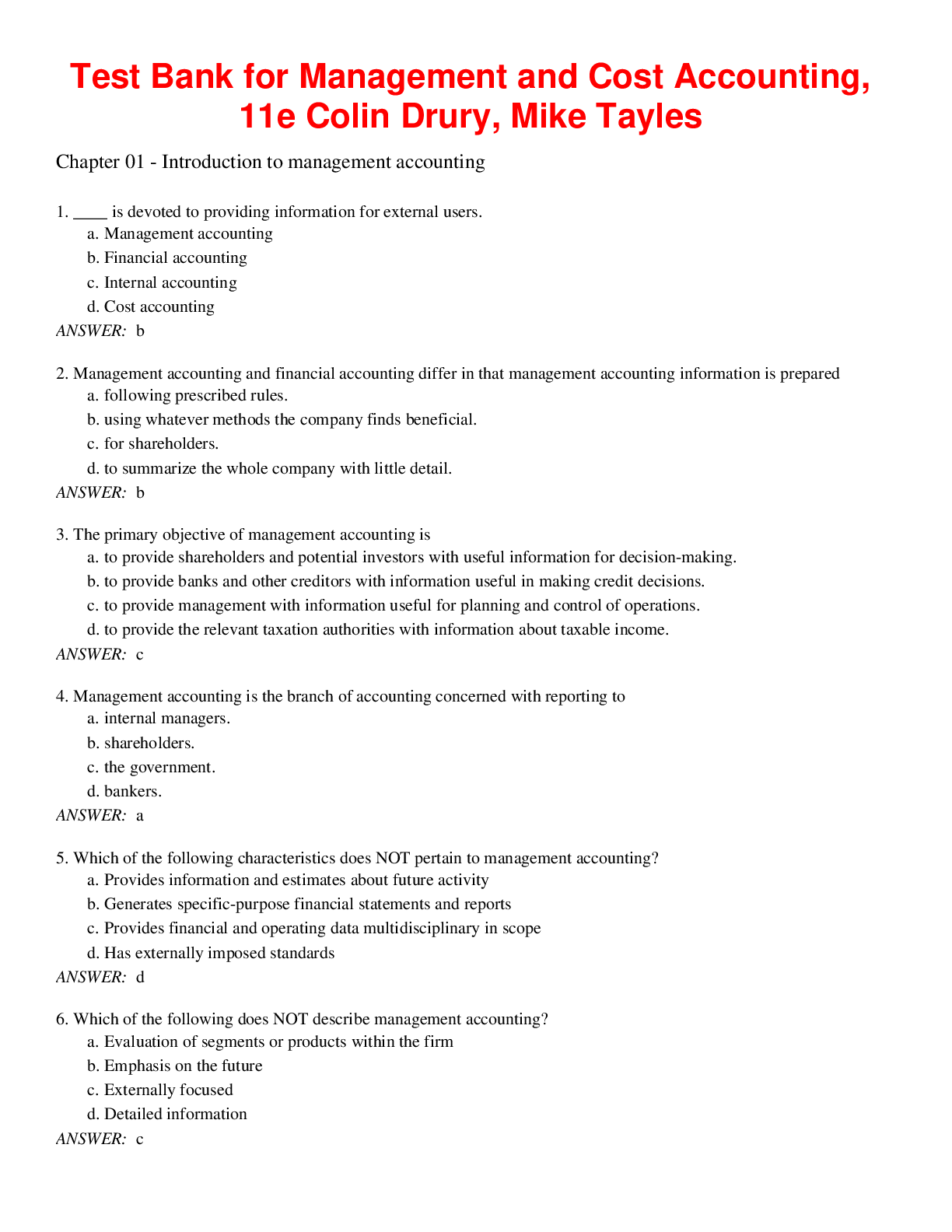 Preview of Management and Cost Accounting, 11e Colin Drury, Mike Tayles (Test Bank)